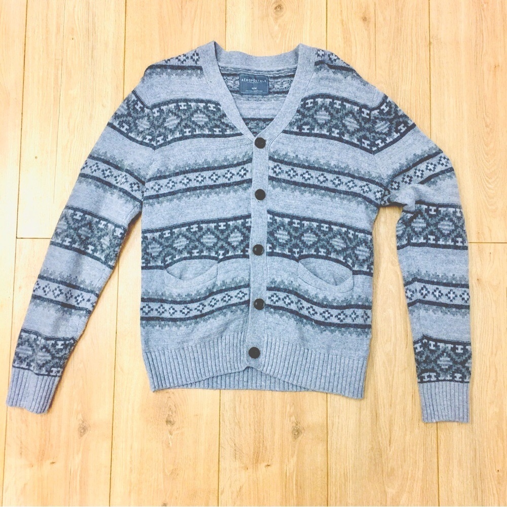 Aeropostale Y2K Gray Patterned Button up Cardigan Sweater grandpa striped medium